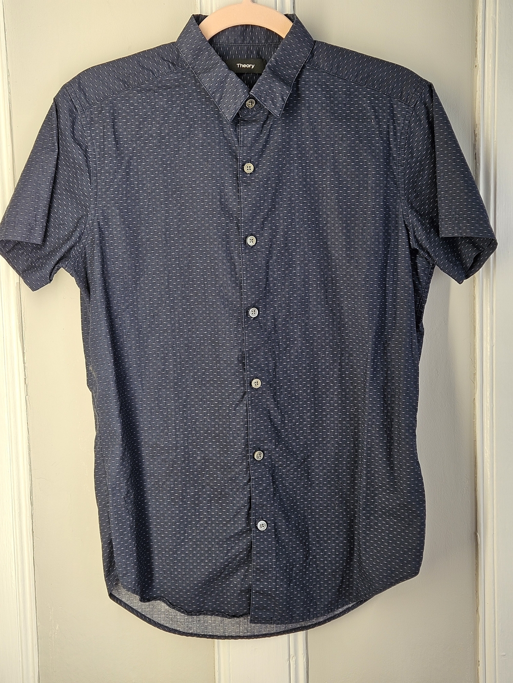 Theory Men's Navy Short-Sleeve Patterned Button-Down Shirt sz XS